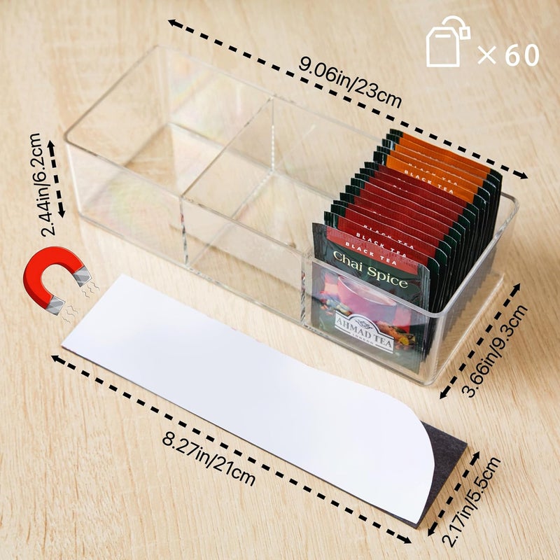 TECKEEN Magnetic Tea Bag Organizer Holds up to 60 Tea Bags, Tea Organizer with 3 Compartments, Extra Strong Magnetic Fridge Tea Box Strong Tea bag Holder for Refrigerator (Acrylic, Magnet) - Image 3